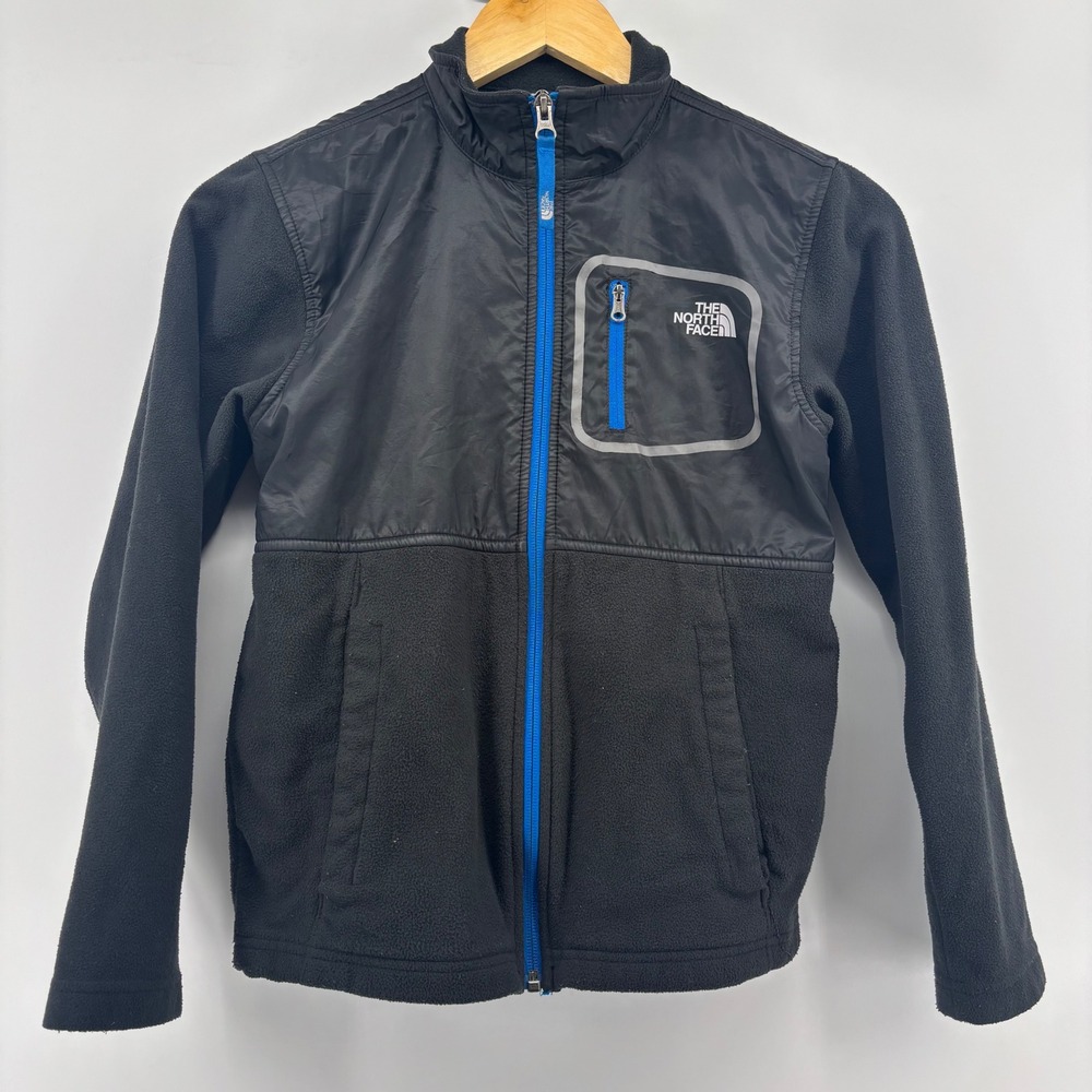 The North Face Denali Jacket Boys Size M 10/12 Black Blue Full Zip Fleece